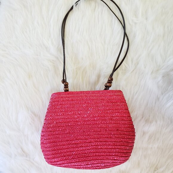 Vintage Handbags - Vintage Summer Vibe Pink/wooden bead pink straw woven Medium shoulder Bag